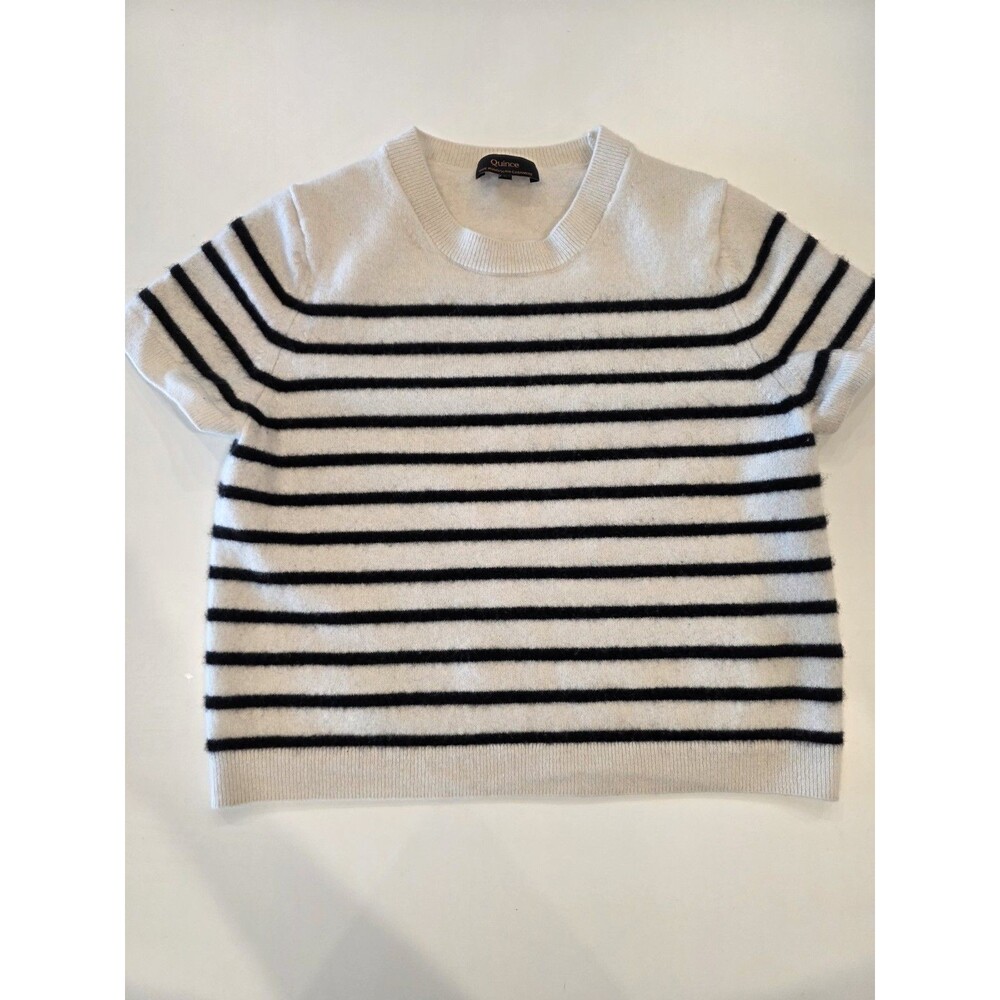 Quince Mongolian Cashmere White & Black Striped Crewneck T Shirt Size L READ